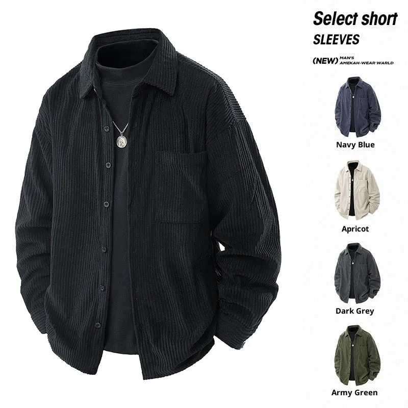 Men's corduroy shirt collar fake two-piece coat in black, front view, long sleeves, straight hem, button front