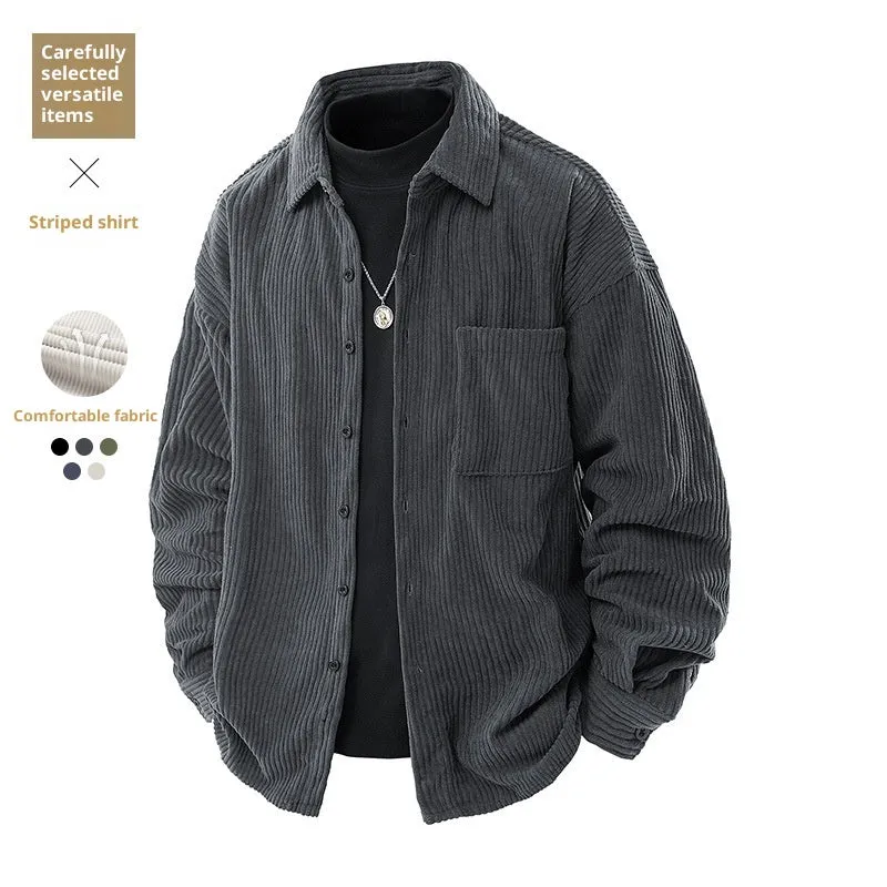 Men's corduroy shirt collar fake two-piece coat in black, front view, long sleeves, straight hem, button front
