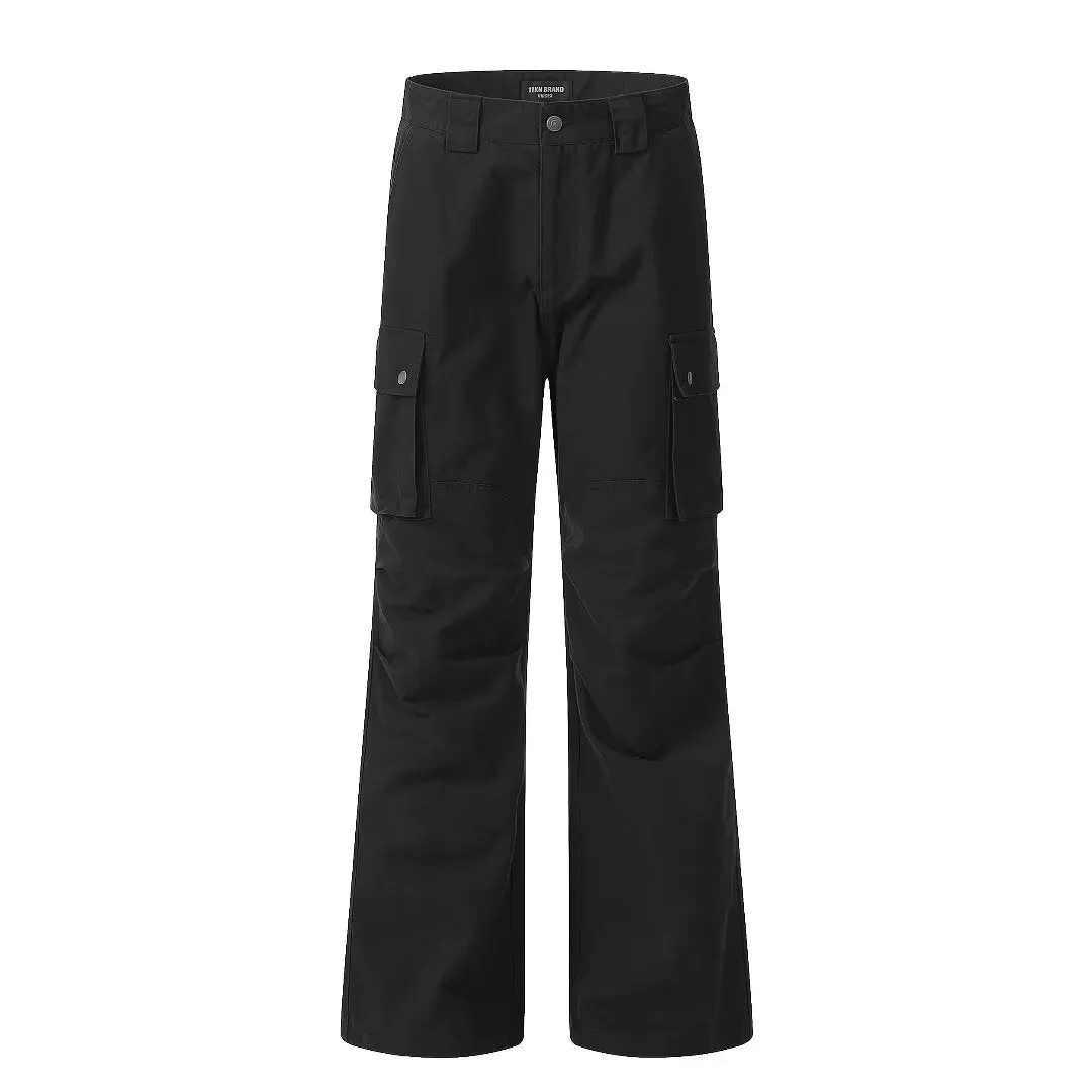 Men's retro high-street straight leg cotton trousers in black