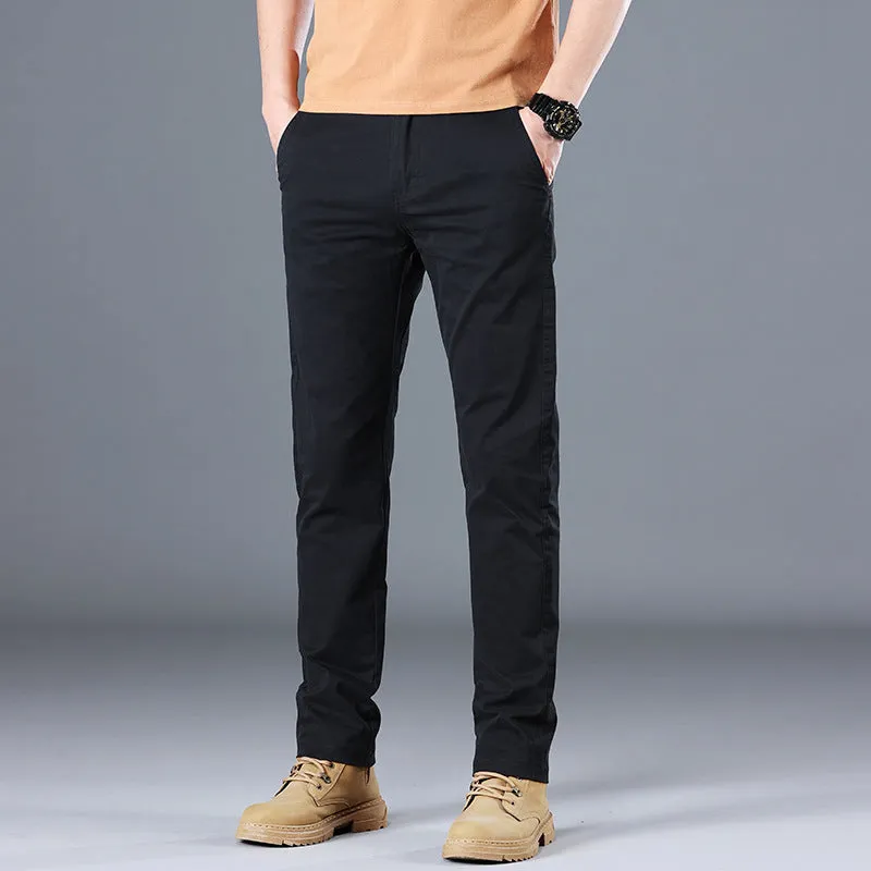 Men's casual pants pure cotton solid colour mid-rise zipper fly Black Gray Khaki