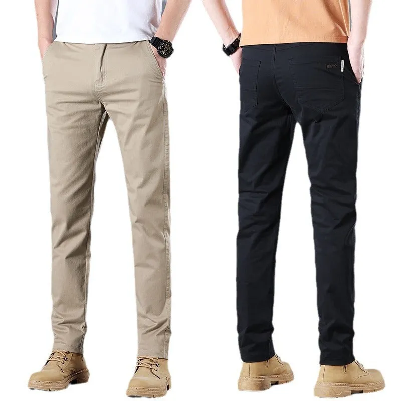 Men's casual pants pure cotton solid colour mid-rise zipper fly Black Gray Khaki