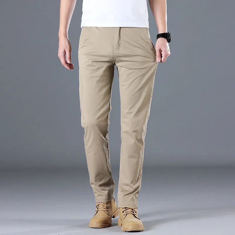 Men's casual pants pure cotton solid colour mid-rise zipper fly Black Gray Khaki