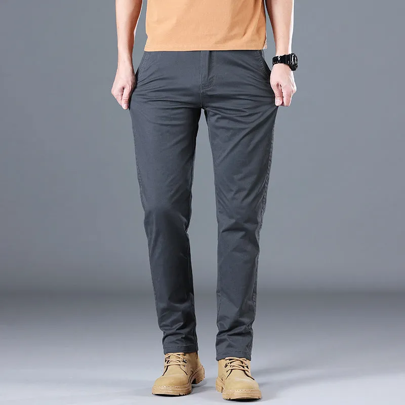 Men's casual pants pure cotton solid colour mid-rise zipper fly Black Gray Khaki