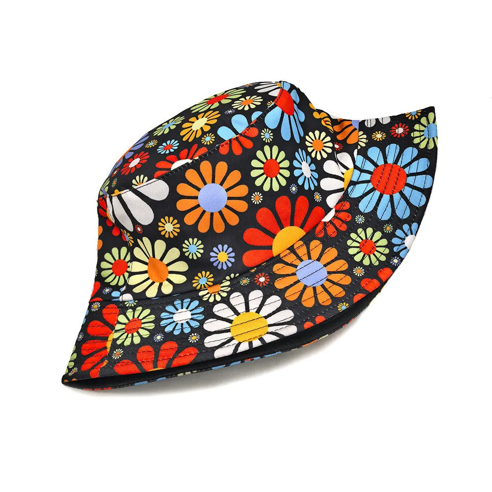 Colourful flower pattern bucket hat with dome crown design, medium size 56-58cm