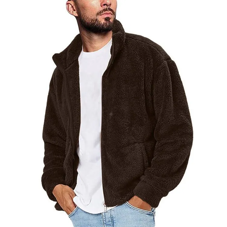 Casual men's solid colour polyester hooded jacket in gray with hood, front view