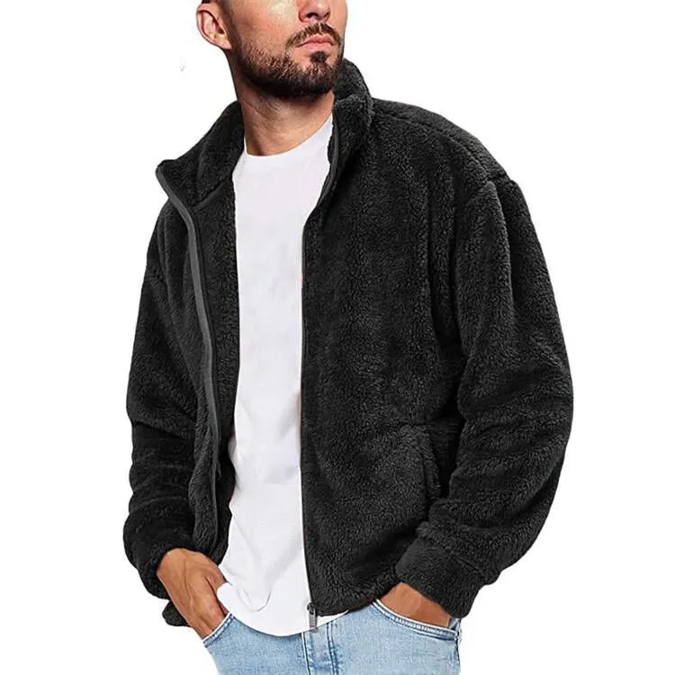 Casual men's solid colour polyester hooded jacket in gray with hood, front view