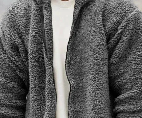 Casual men's solid colour polyester hooded jacket in gray with hood, front view
