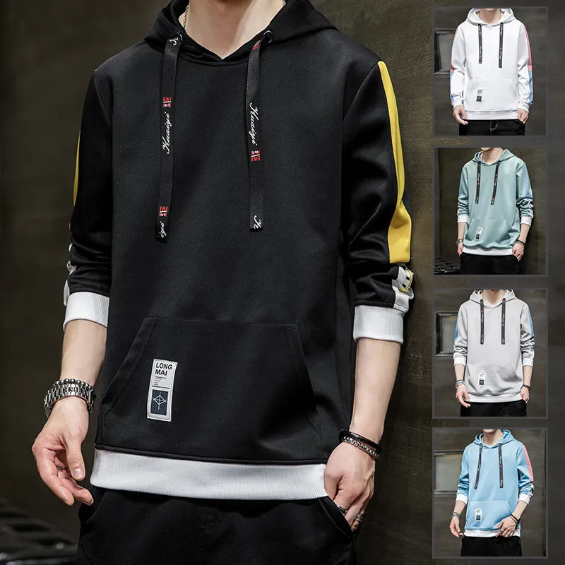 Men's casual printed loose long sleeve hooded top in polyester, available in black, white, gray, lake blue, mist blue sizes M-4XL.