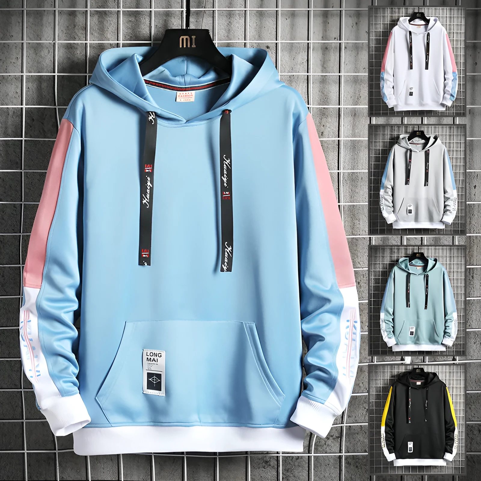Men's casual printed loose long sleeve hooded top in polyester, available in black, white, gray, lake blue, mist blue sizes M-4XL.