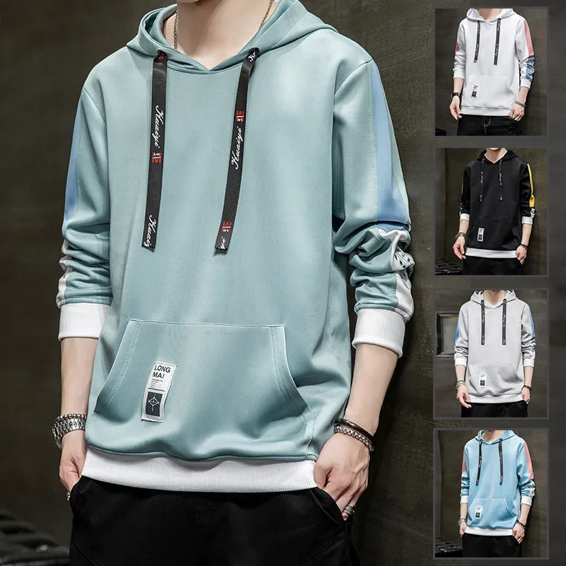 Men's casual printed loose long sleeve hooded top in polyester, available in black, white, gray, lake blue, mist blue sizes M-4XL.
