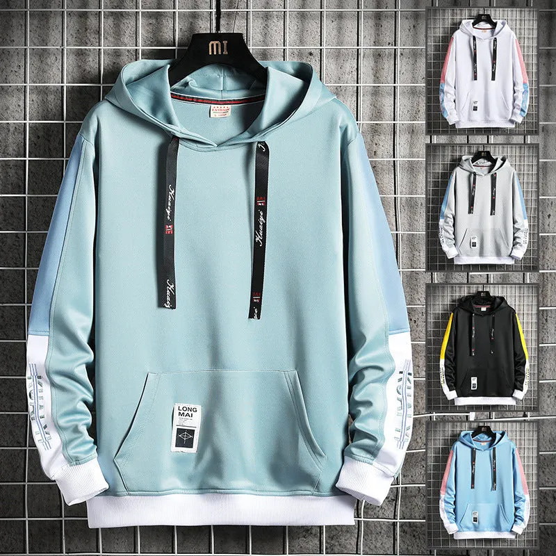 Men's casual printed loose long sleeve hooded top in polyester, available in black, white, gray, lake blue, mist blue sizes M-4XL.