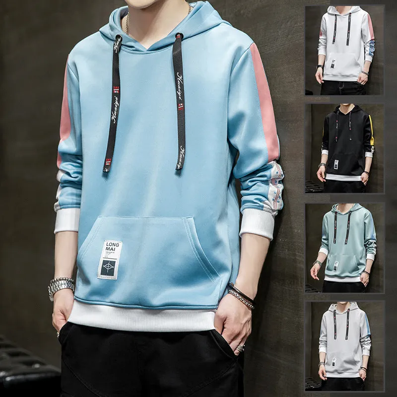 Men's casual printed loose long sleeve hooded top in polyester, available in black, white, gray, lake blue, mist blue sizes M-4XL.