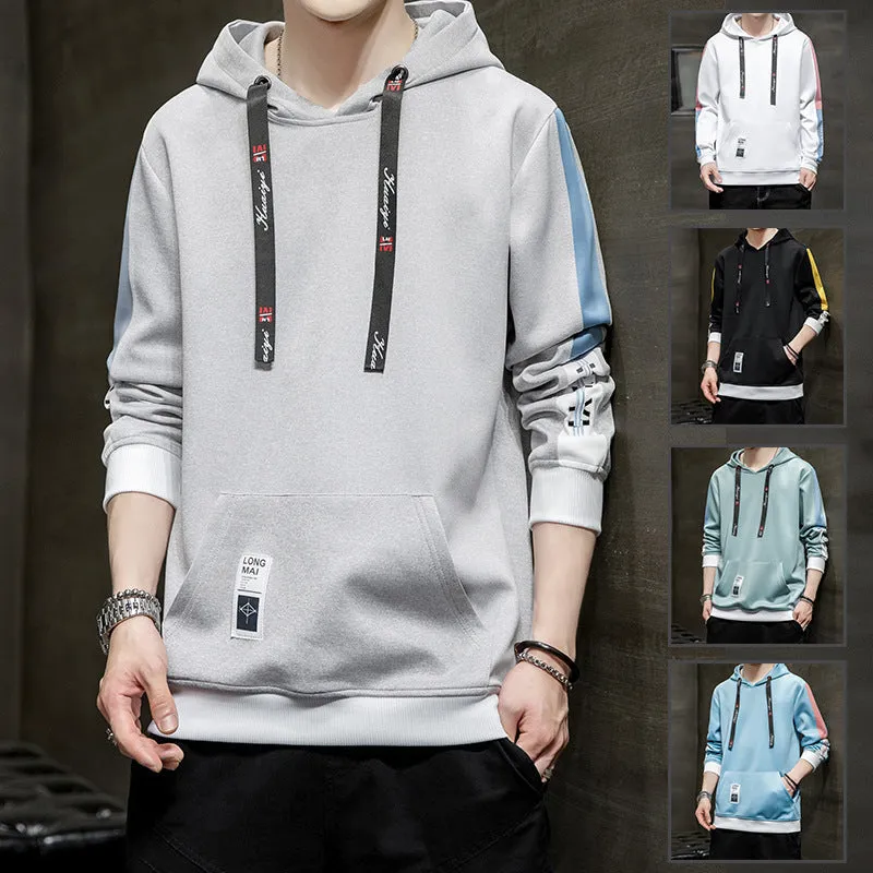 Men's casual printed loose long sleeve hooded top in polyester, available in black, white, gray, lake blue, mist blue sizes M-4XL.
