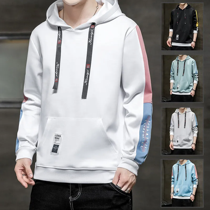 Men's casual printed loose long sleeve hooded top in polyester, available in black, white, gray, lake blue, mist blue sizes M-4XL.