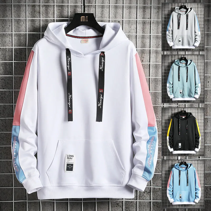 Men's casual printed loose long sleeve hooded top in polyester, available in black, white, gray, lake blue, mist blue sizes M-4XL.