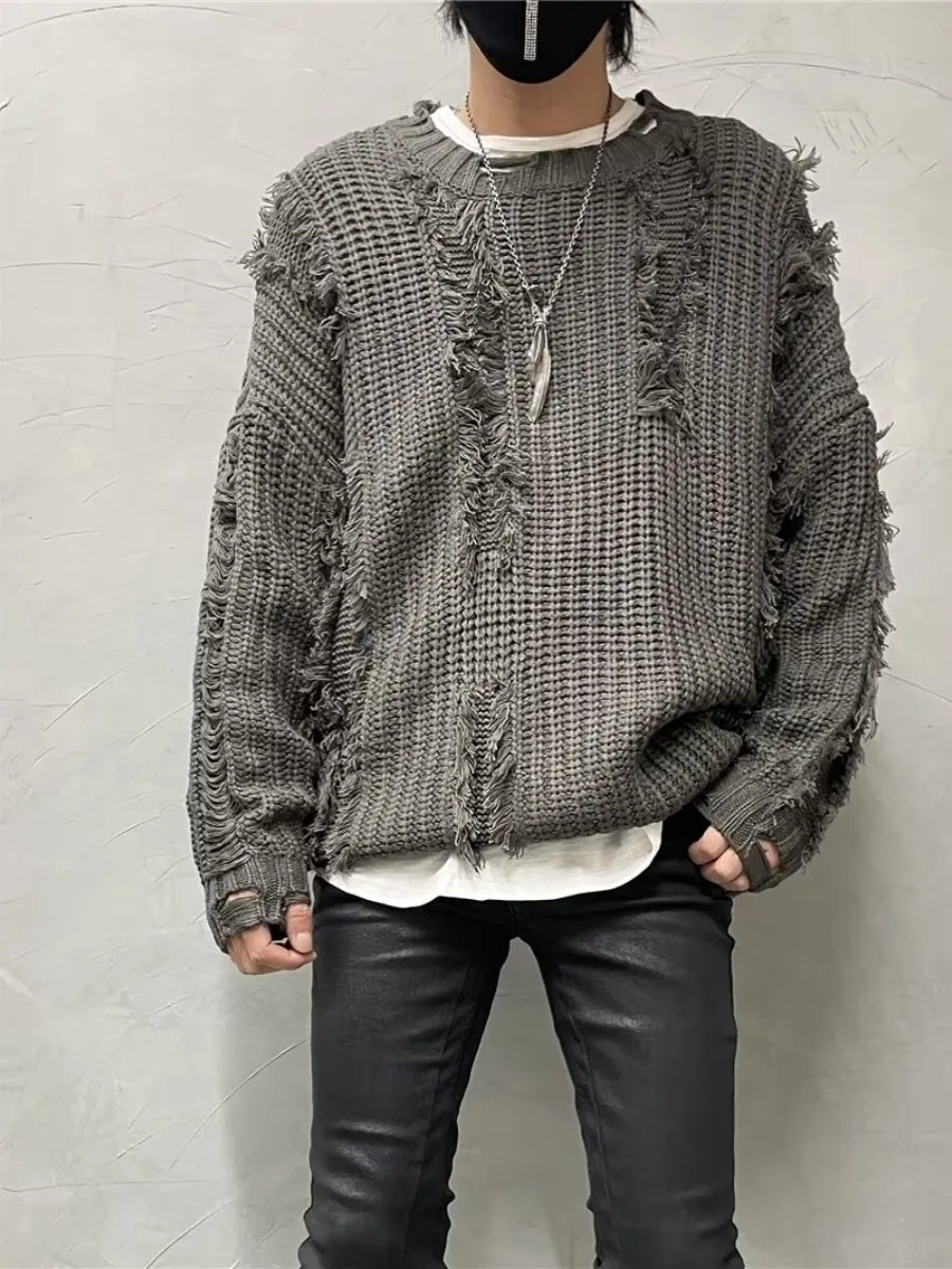 Loose fit tassel ripped knit sweater in cotton blend polyester available in black gray red yellow pink