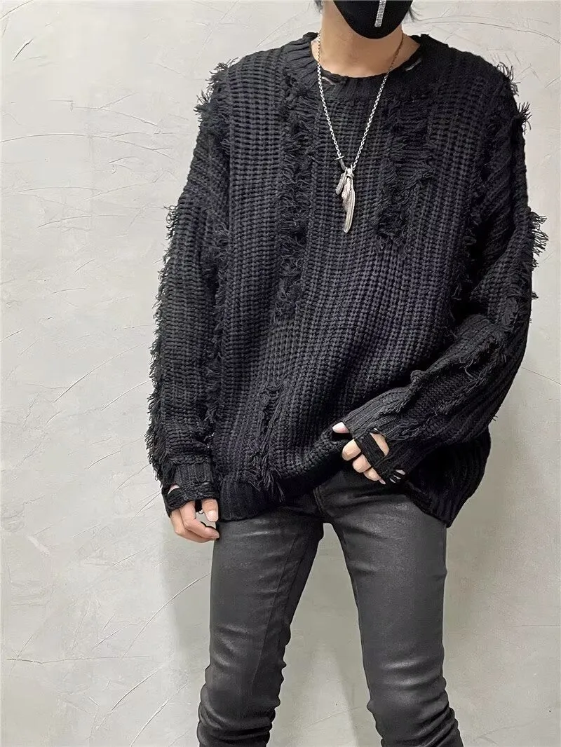 Loose fit tassel ripped knit sweater in cotton blend polyester available in black gray red yellow pink
