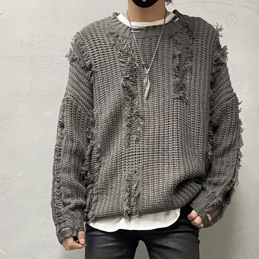 Loose fit tassel ripped knit sweater in cotton blend polyester available in black gray red yellow pink