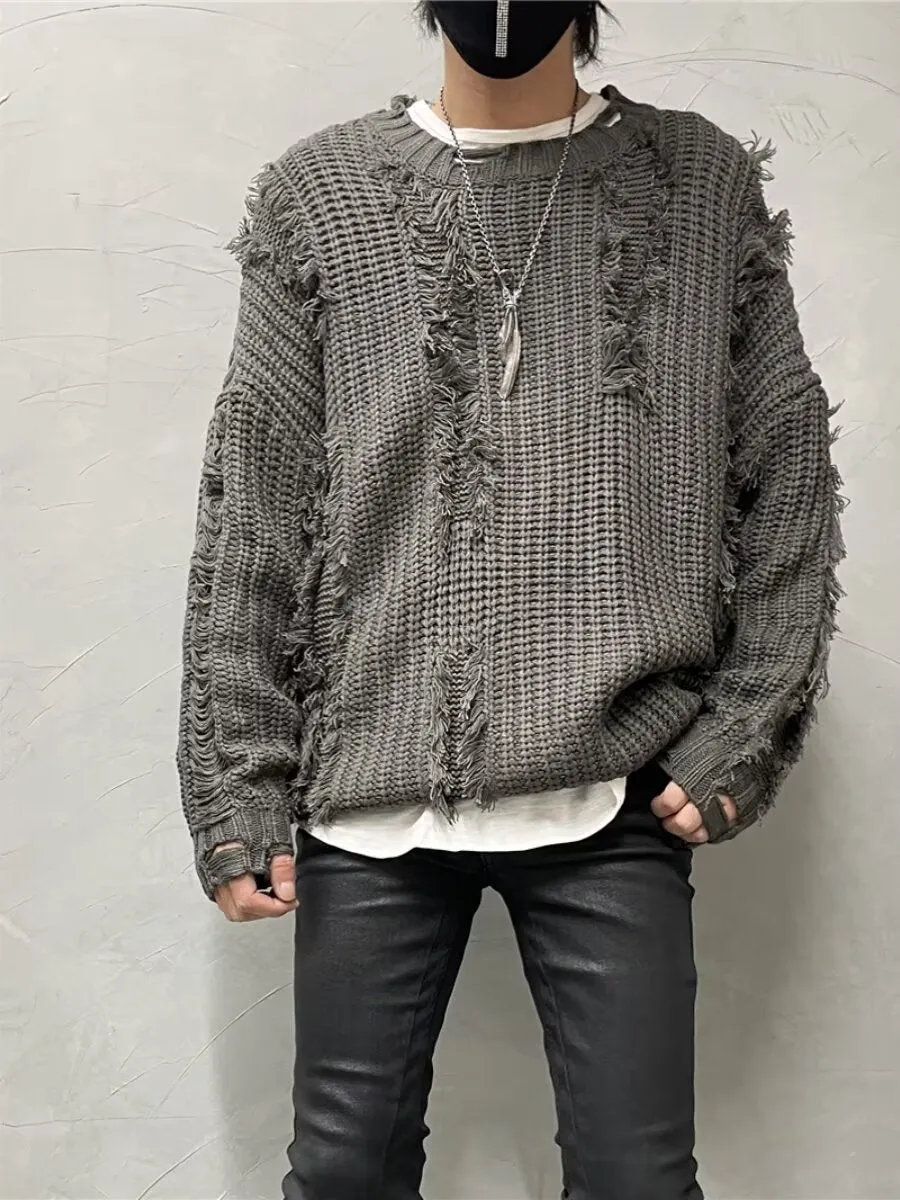 Loose fit tassel ripped knit sweater in cotton blend polyester available in black gray red yellow pink