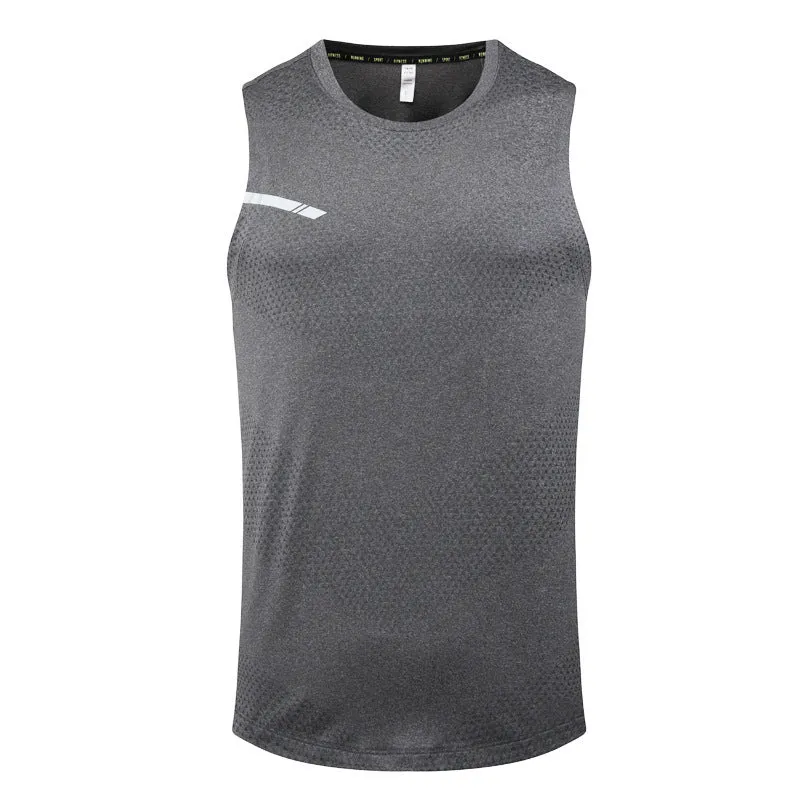 Man wearing a solid-colour quick-dry polyester sports tank top for summer outdoor activities.