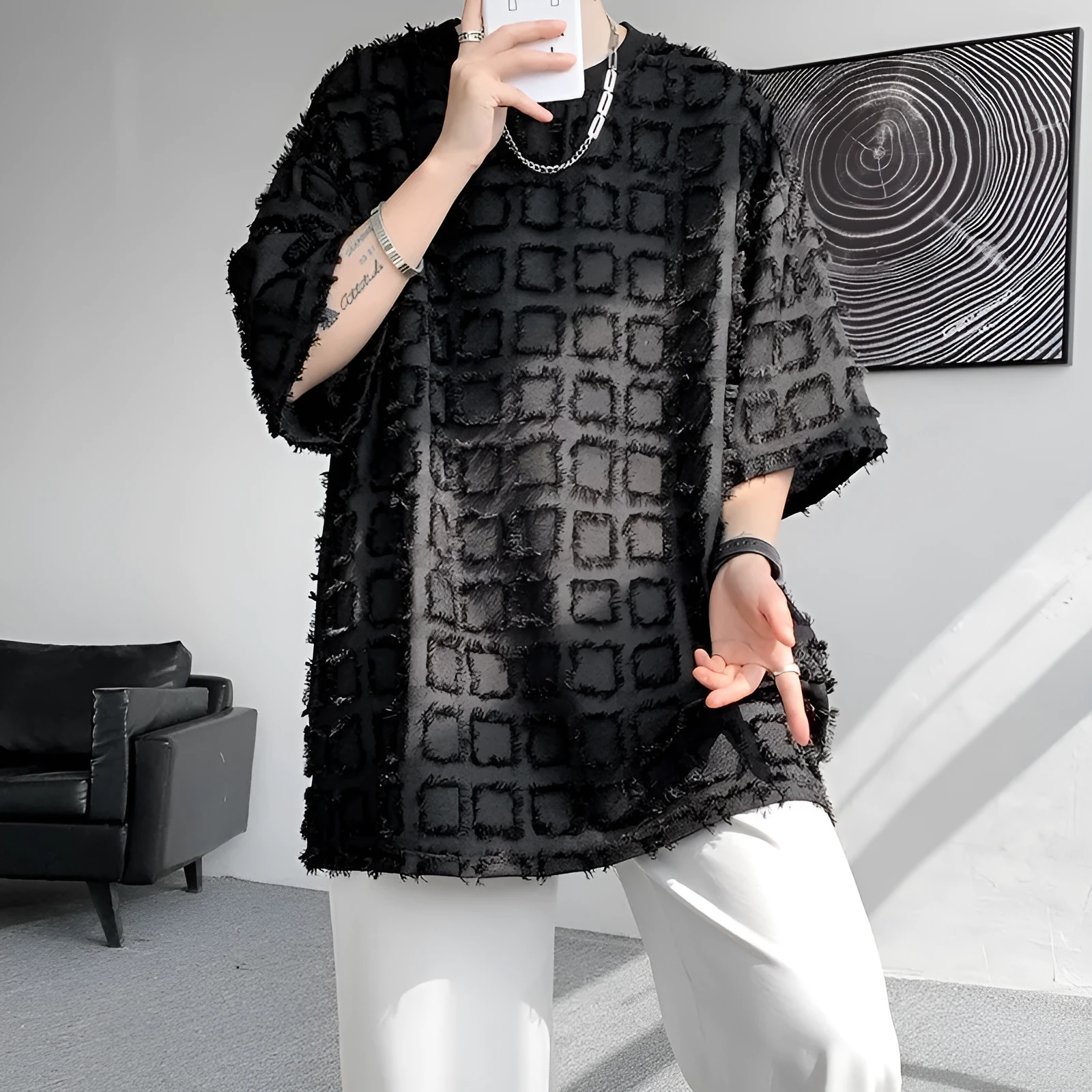 Men's T-shirt Cool Style High-end Black Short Sleeve Pullover Synthetic Fiber Blend Jacquard Top for Daily Occasion Loose Fit Asian Sizes M to 3XL