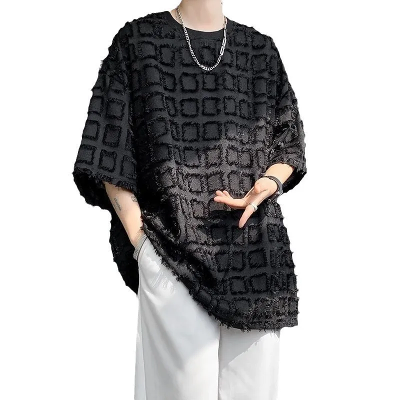 Men's T-shirt Cool Style High-end Black Short Sleeve Pullover Synthetic Fiber Blend Jacquard Top for Daily Occasion Loose Fit Asian Sizes M to 3XL