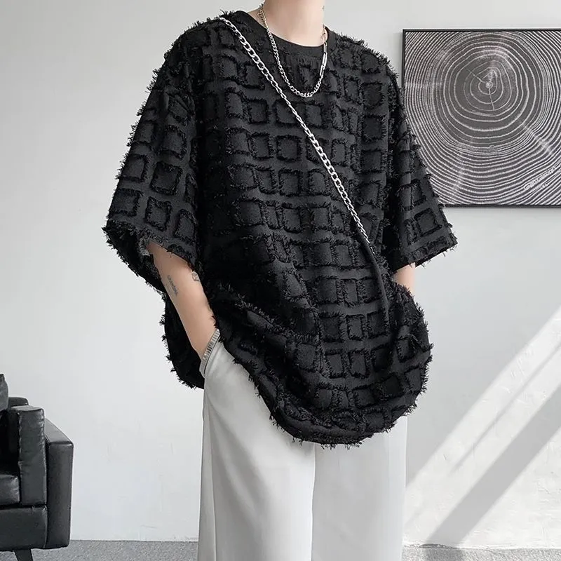 Men's T-shirt Cool Style High-end Black Short Sleeve Pullover Synthetic Fiber Blend Jacquard Top for Daily Occasion Loose Fit Asian Sizes M to 3XL