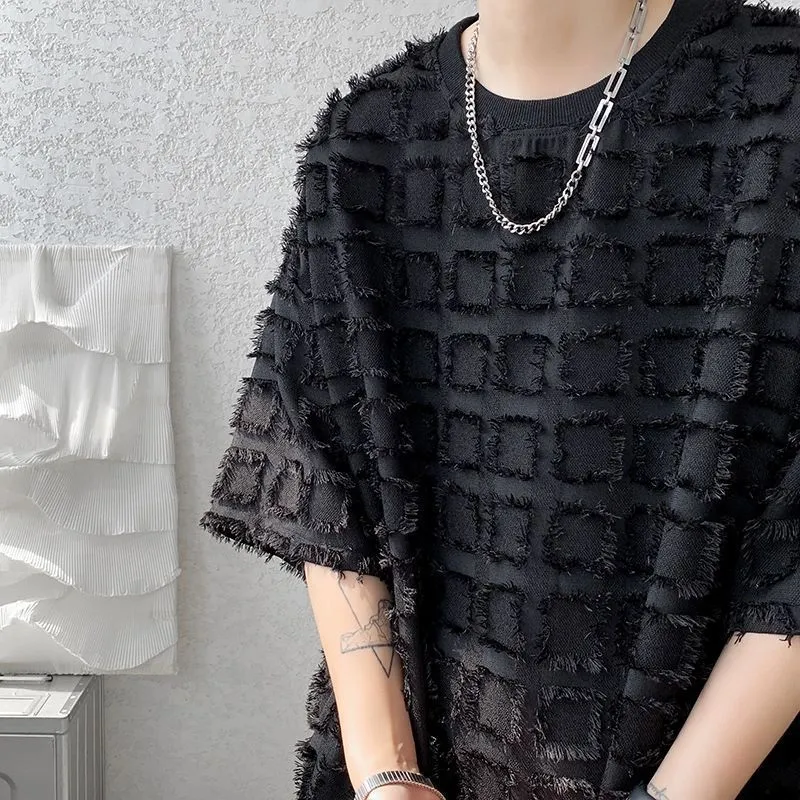 Men's T-shirt Cool Style High-end Black Short Sleeve Pullover Synthetic Fiber Blend Jacquard Top for Daily Occasion Loose Fit Asian Sizes M to 3XL