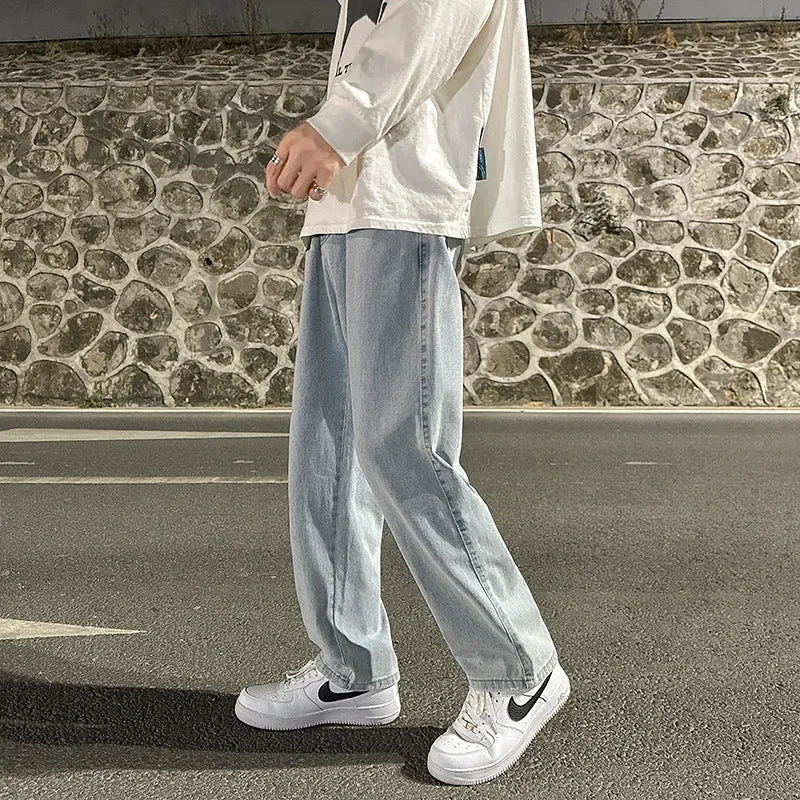 Men's smoke gray loose wide-leg straight jeans with drawstring waist, front view