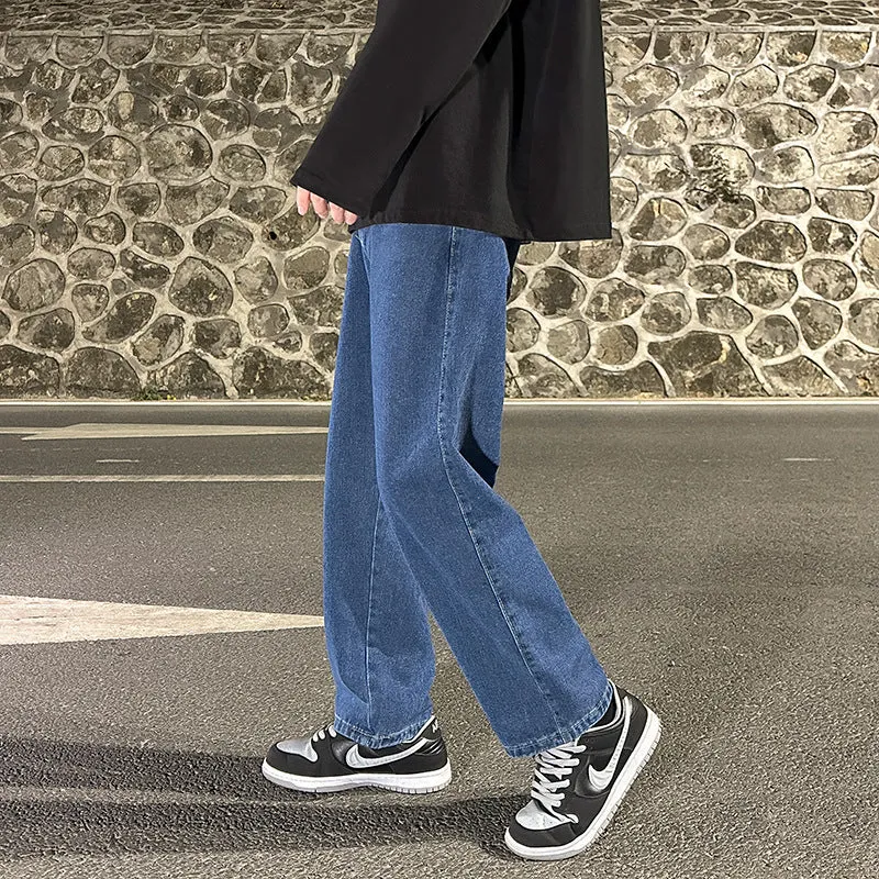 Men's smoke gray loose wide-leg straight jeans with drawstring waist, front view