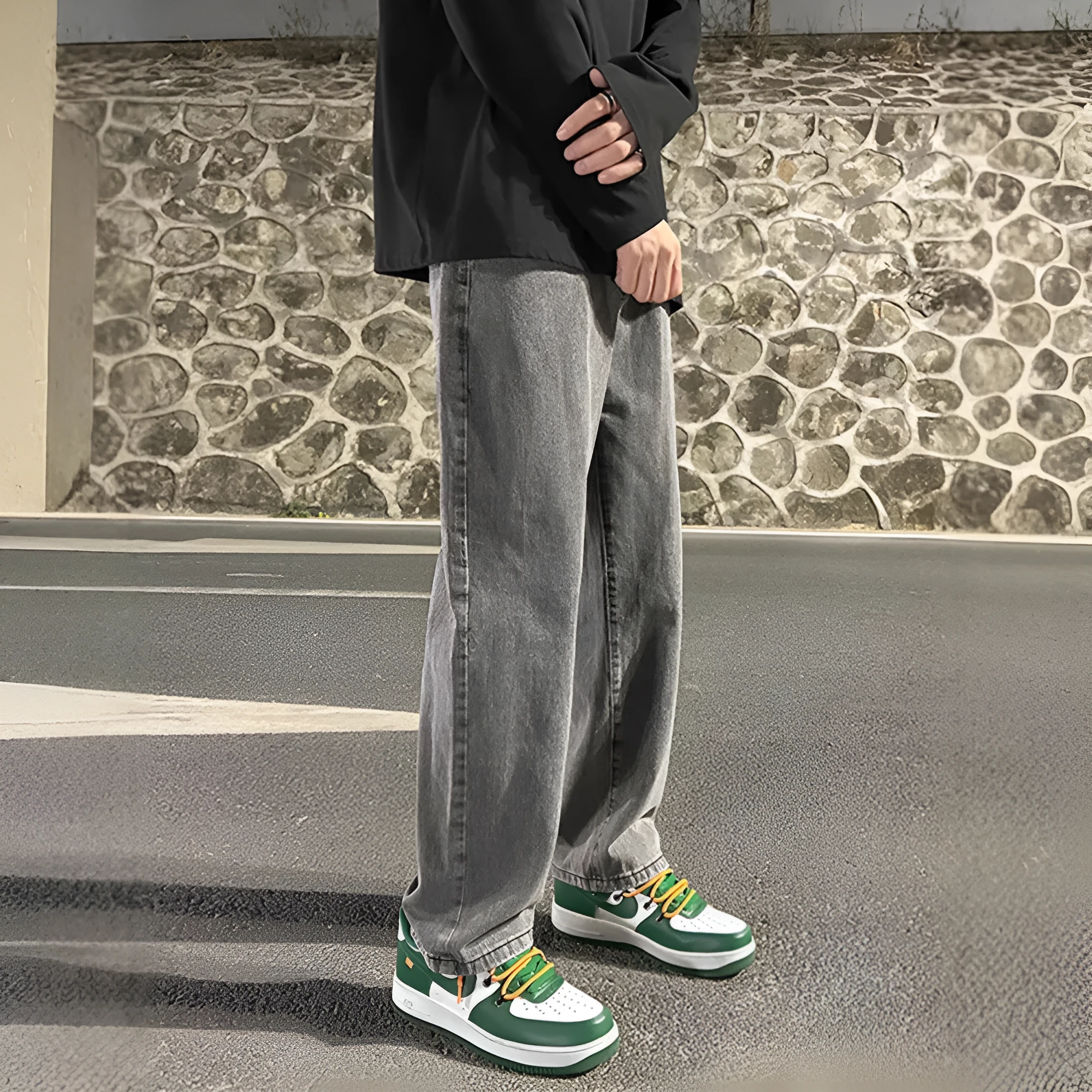 Men's smoke gray loose wide-leg straight jeans with drawstring waist, front view