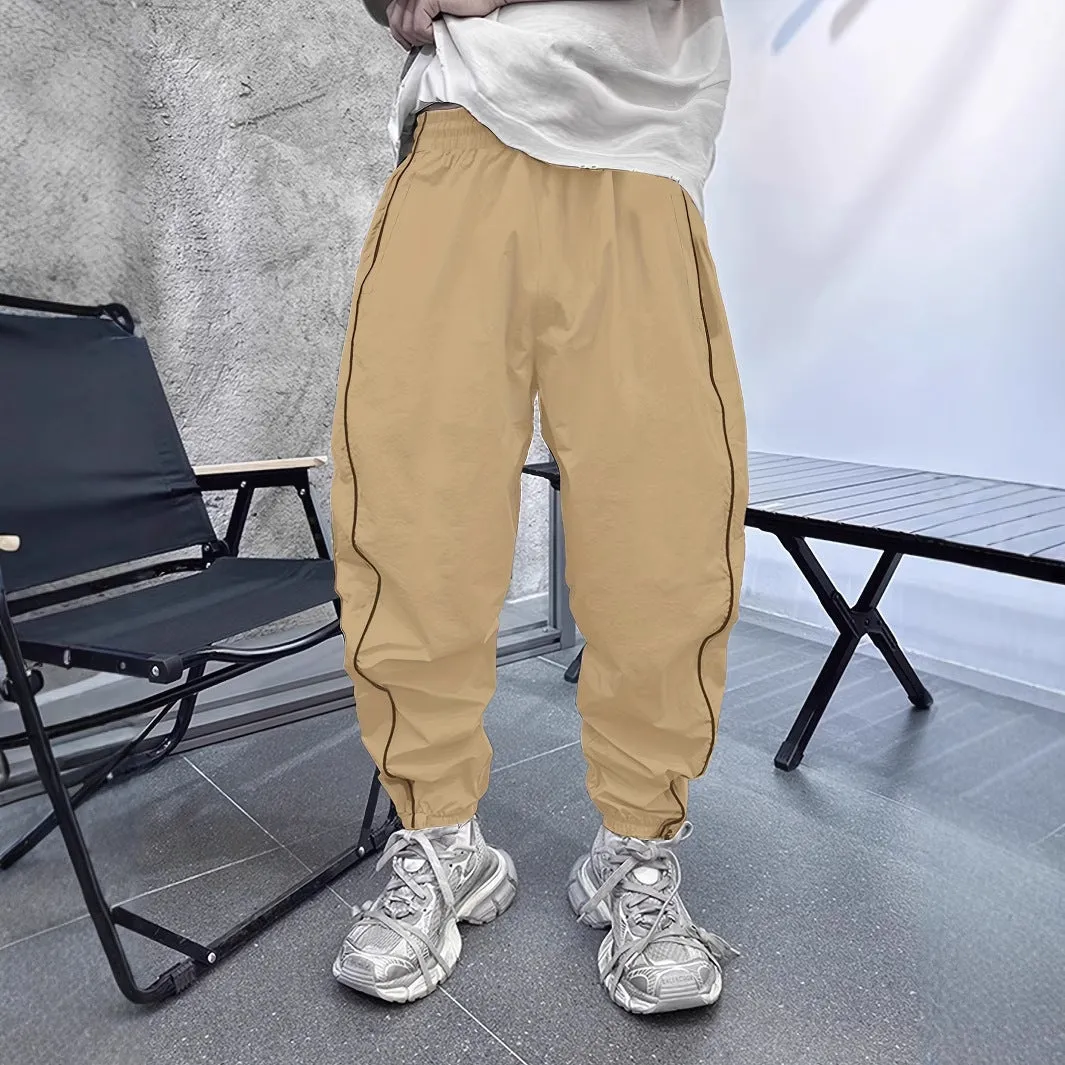 Lightweight breathable loose casual pants for men in black polyester summer trousers