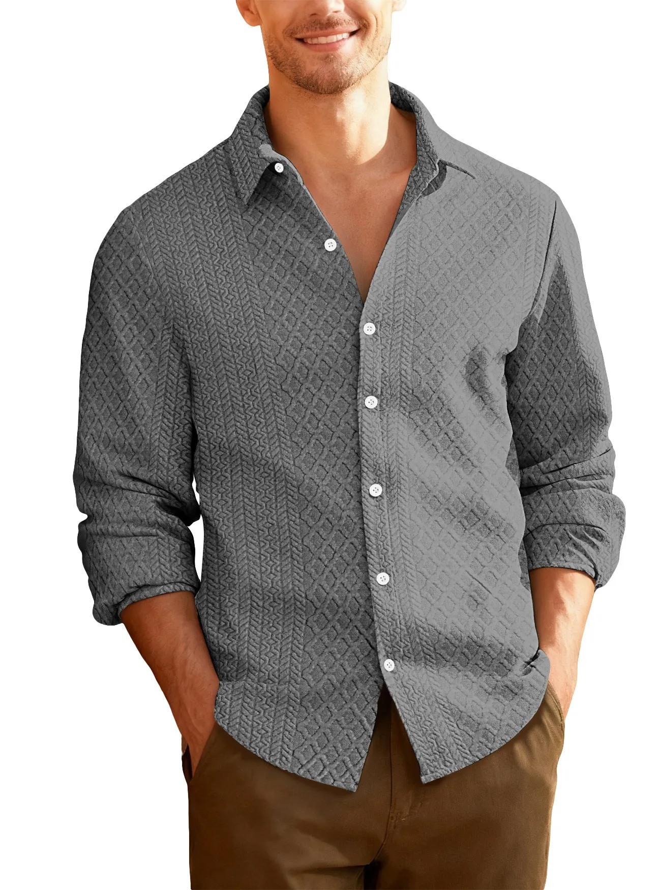 Men's knitted cardigan jacket in army green with lapel collar and long sleeves, slim fit polyester design