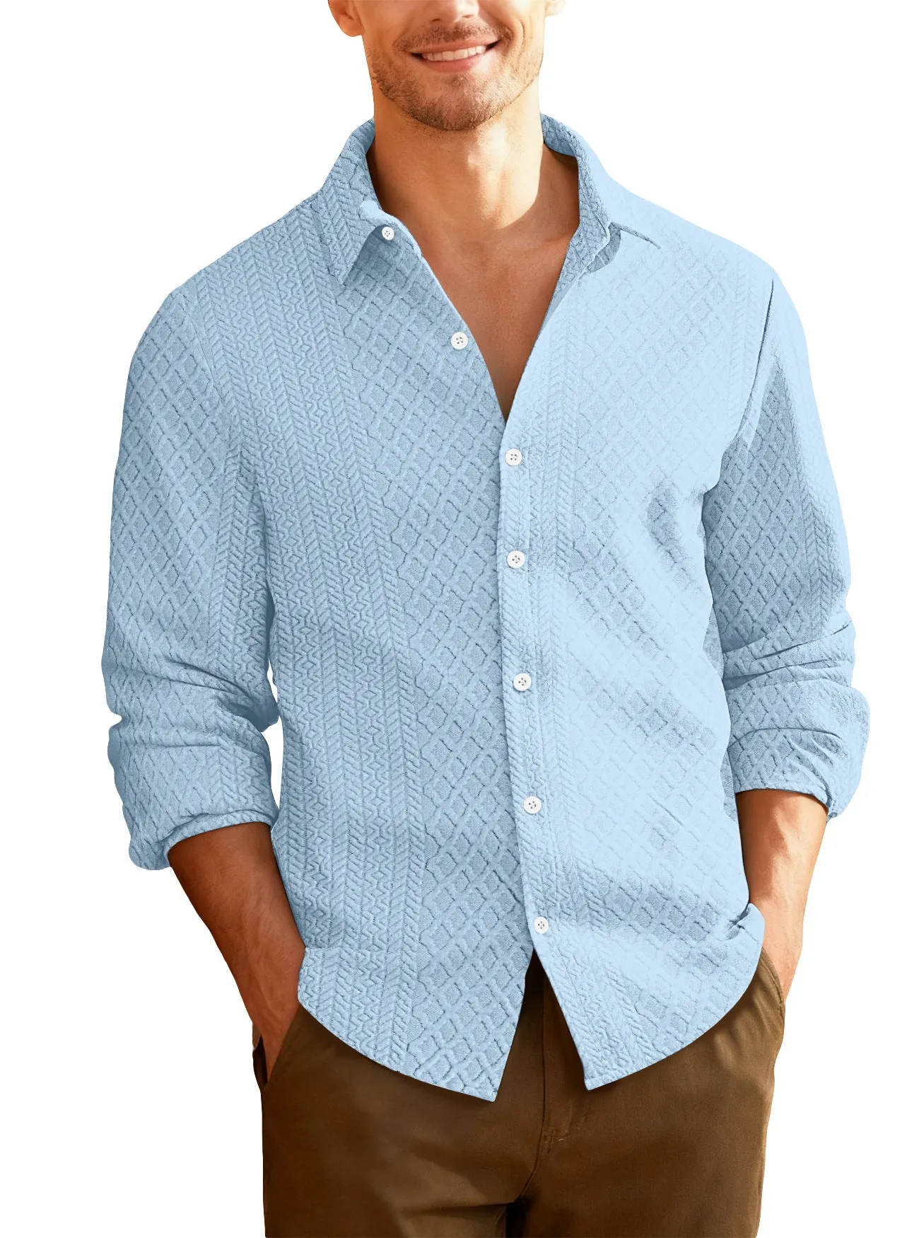 Men's knitted cardigan jacket in army green with lapel collar and long sleeves, slim fit polyester design