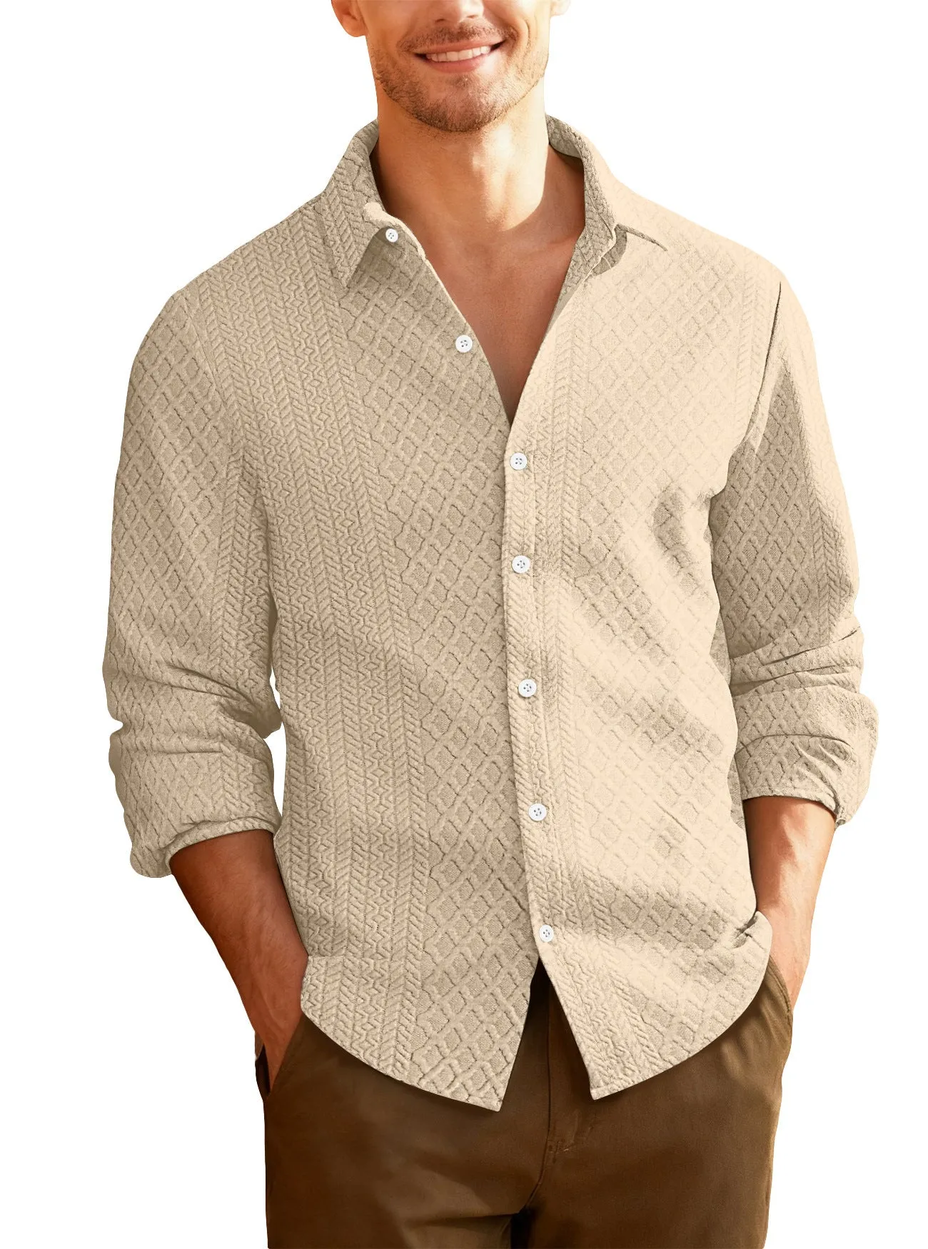 Men's knitted cardigan jacket in army green with lapel collar and long sleeves, slim fit polyester design