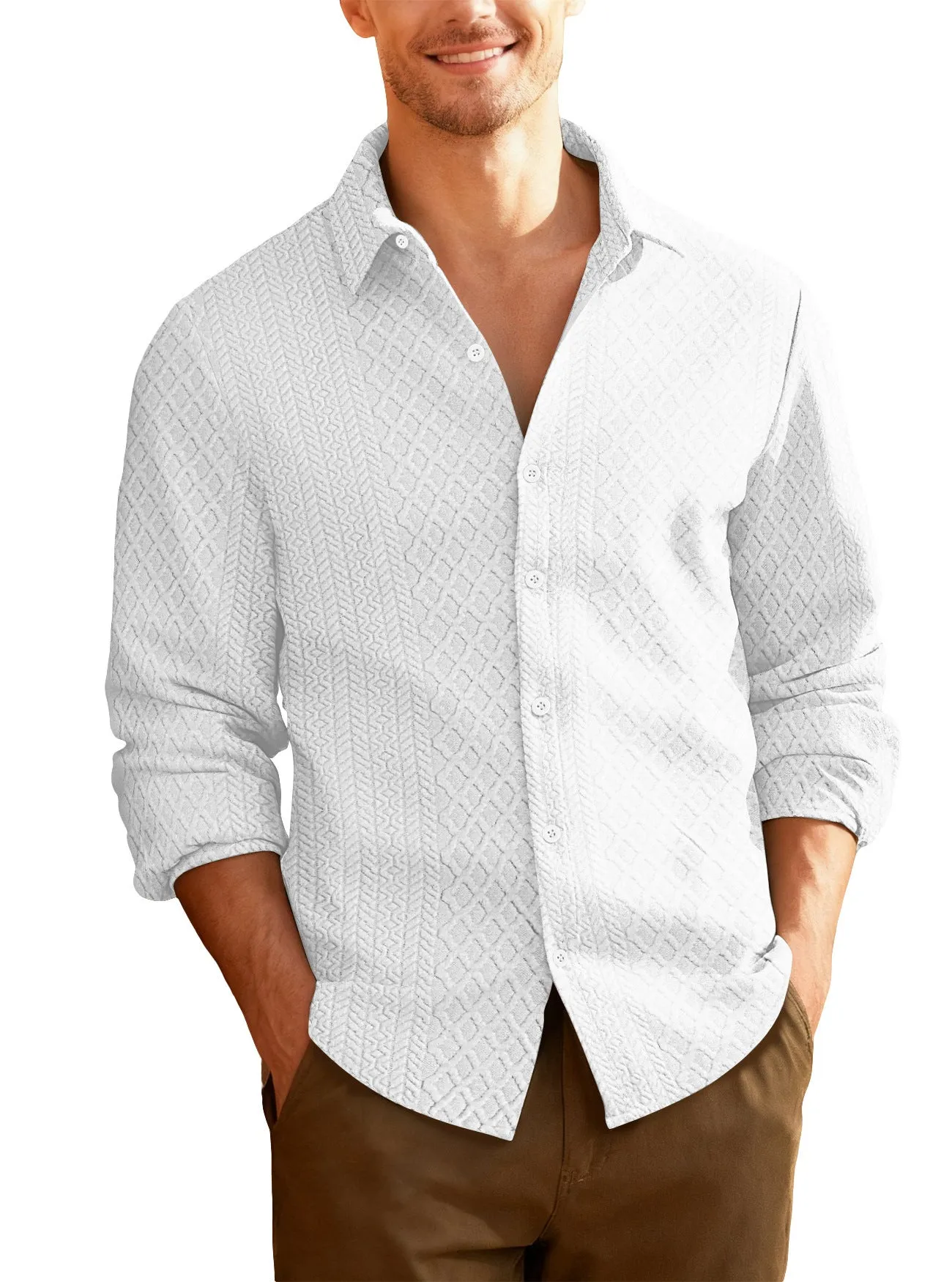 Men's knitted cardigan jacket in army green with lapel collar and long sleeves, slim fit polyester design