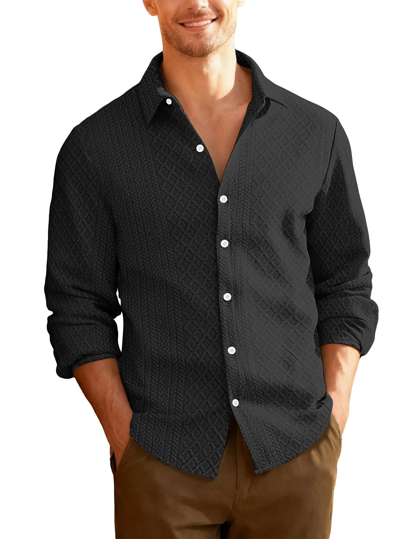 Men's knitted cardigan jacket in army green with lapel collar and long sleeves, slim fit polyester design
