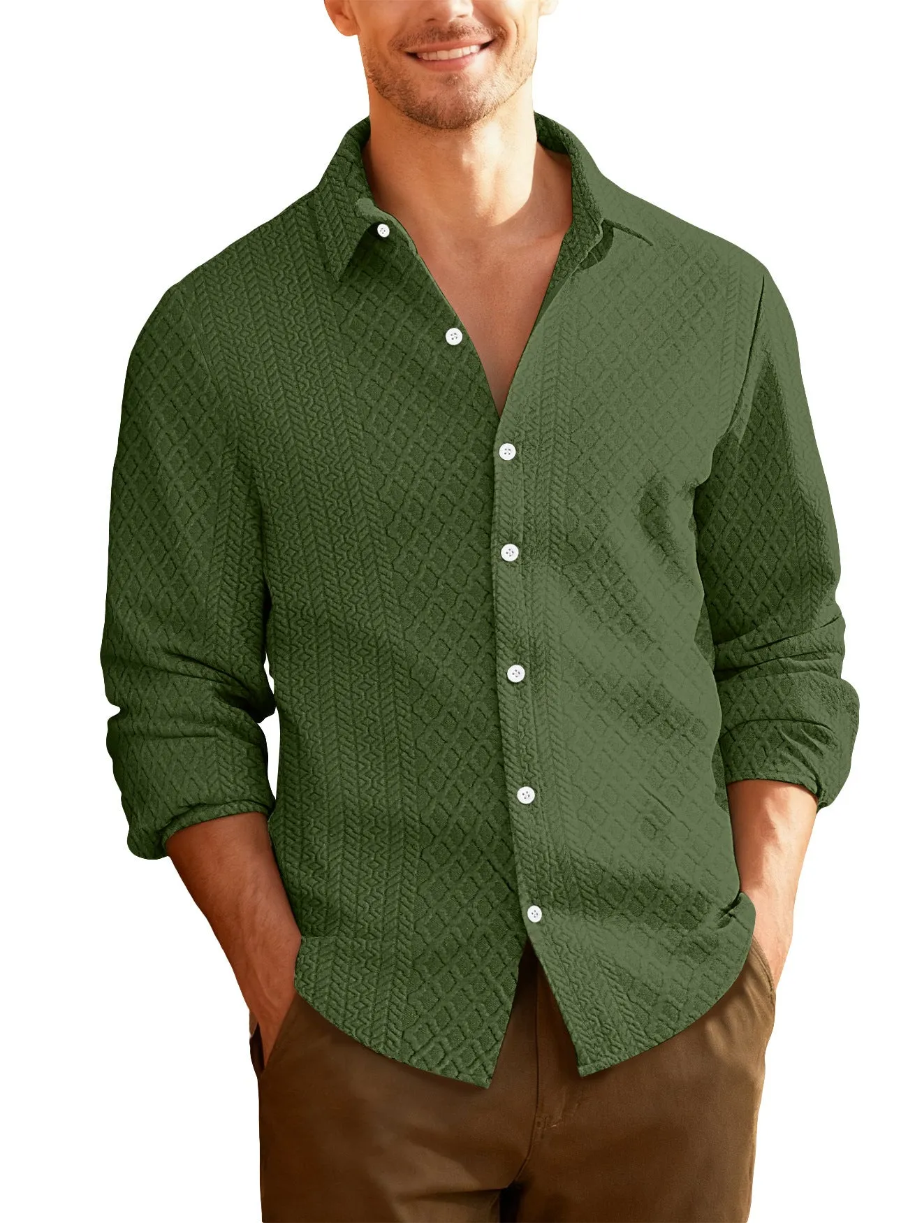 Men's knitted cardigan jacket in army green with lapel collar and long sleeves, slim fit polyester design