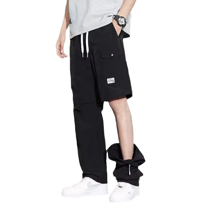 Men's 2-in-1 detachable overalls in khaki, convertible to cargo pants with drawstring waist and multiple pockets