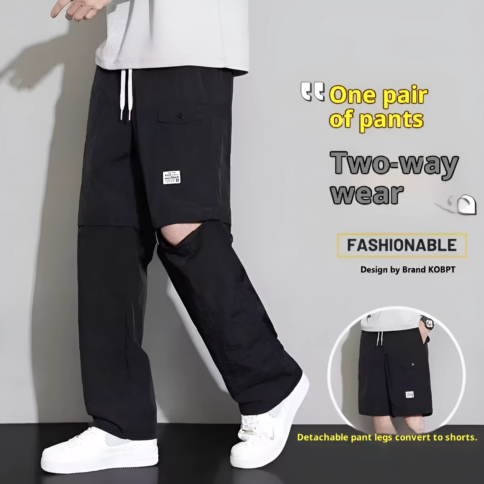 Men's 2-in-1 detachable overalls in khaki, convertible to cargo pants with drawstring waist and multiple pockets