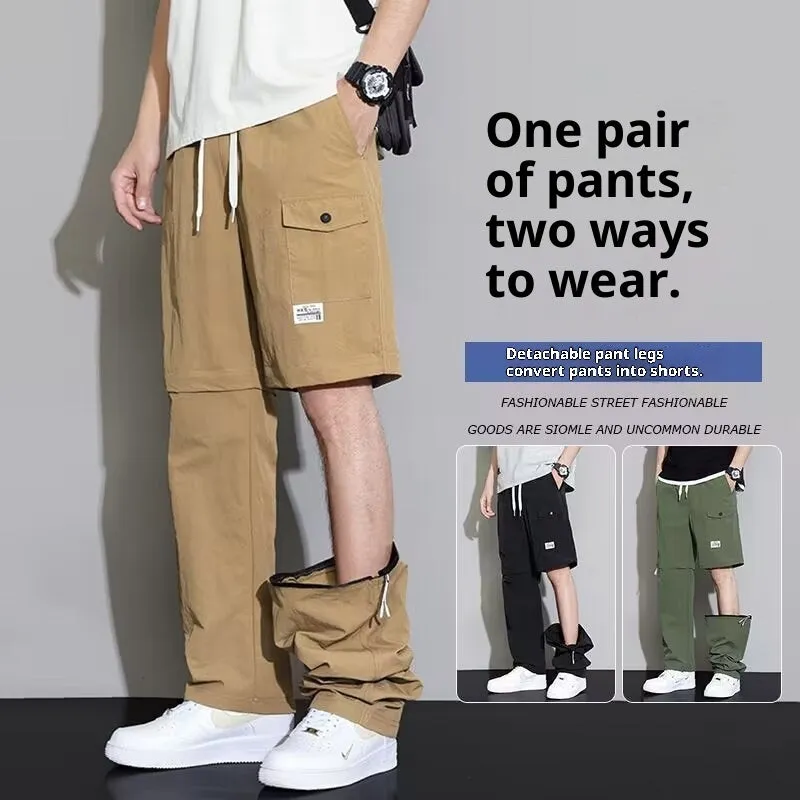 Men's 2-in-1 detachable overalls in khaki, convertible to cargo pants with drawstring waist and multiple pockets