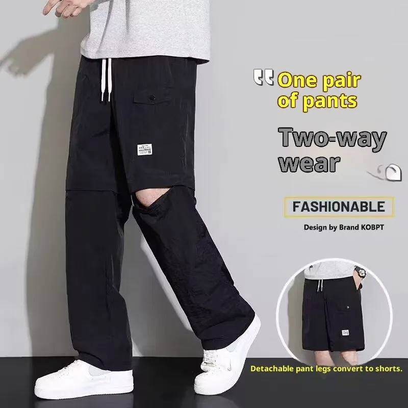Men's 2-in-1 detachable overalls in khaki, convertible to cargo pants with drawstring waist and multiple pockets