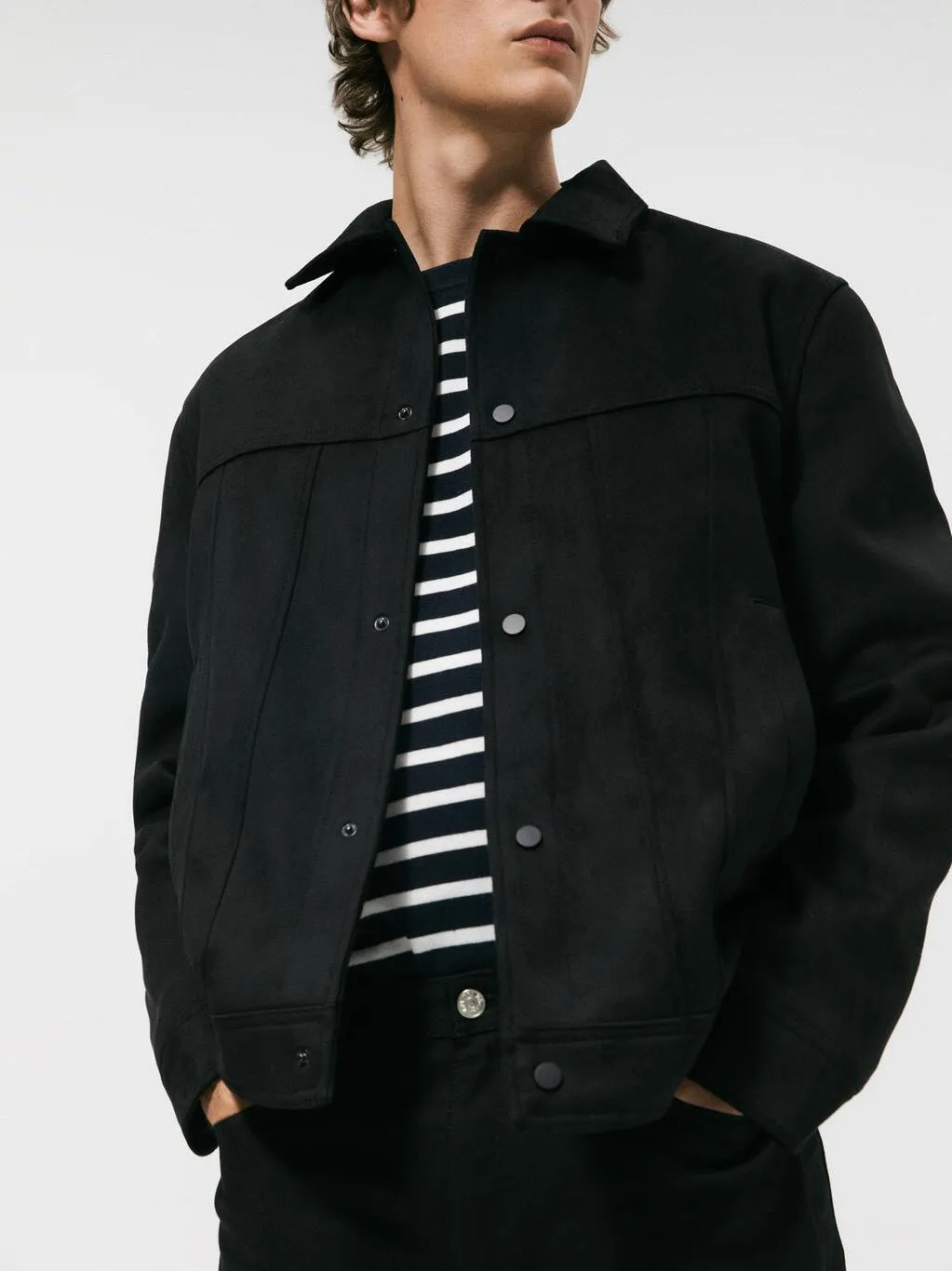 Black men's casual hooded jacket with a textured suede collar and side seam pockets.