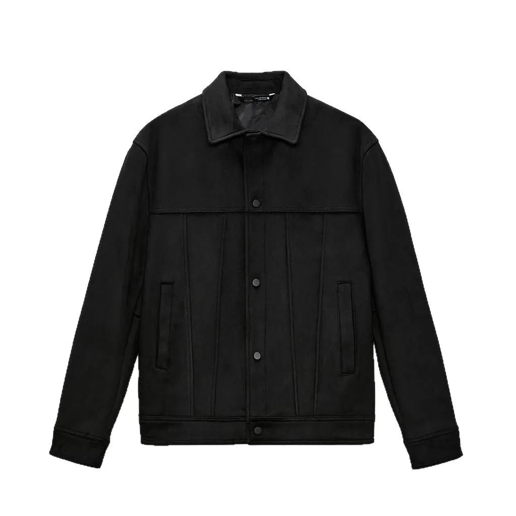 Black men's casual hooded jacket with a textured suede collar and side seam pockets.