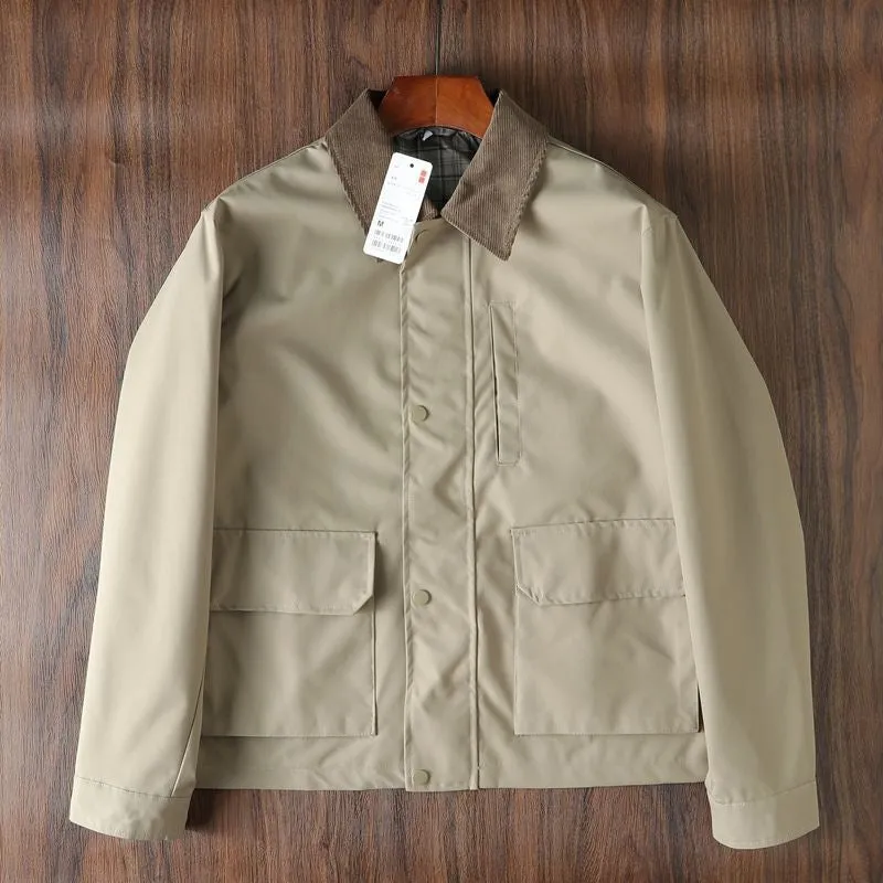 Men's casual short jacket in British style, cotton fabric, hooded, drawstring sleeves, black colour