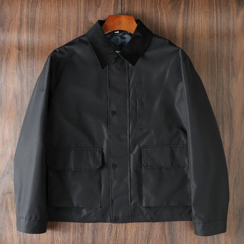 Men's casual short jacket in British style, cotton fabric, hooded, drawstring sleeves, black colour