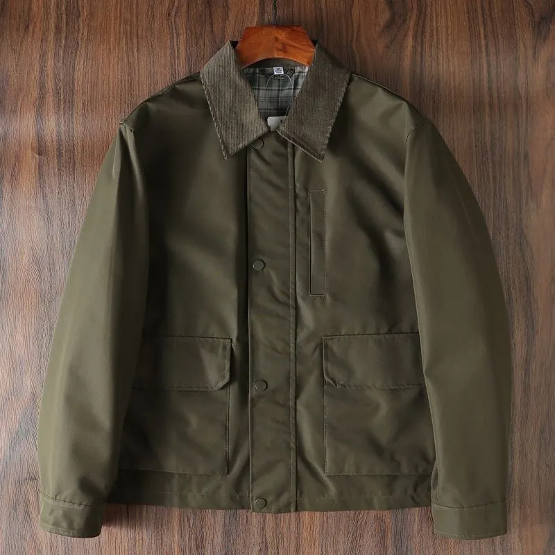 Men's casual short jacket in British style, cotton fabric, hooded, drawstring sleeves, black colour