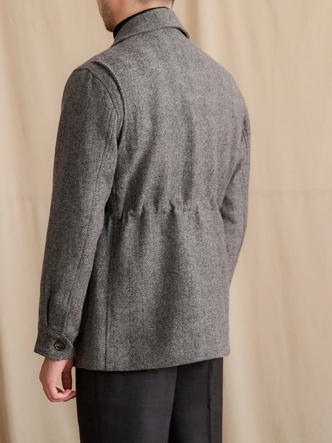 Men's Dark Gray wool suit collar commuter jacket with cinched style and pocket