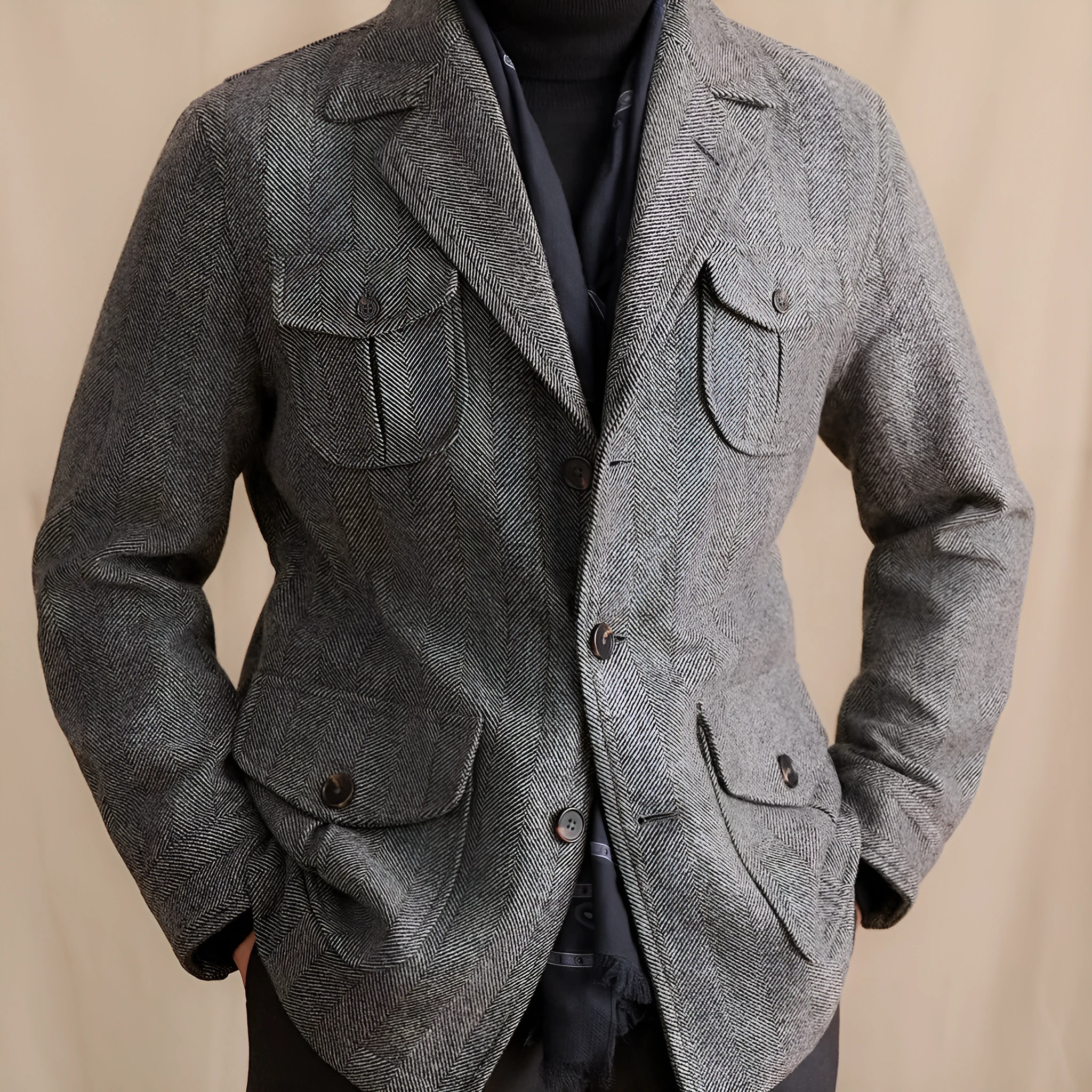 Men's Dark Gray wool suit collar commuter jacket with cinched style and pocket