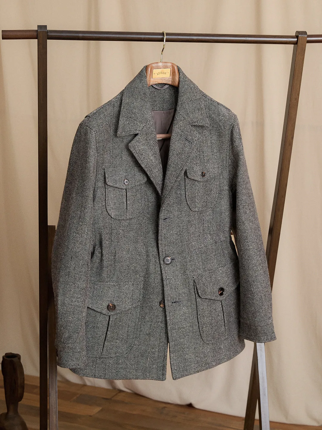Men's Dark Gray wool suit collar commuter jacket with cinched style and pocket